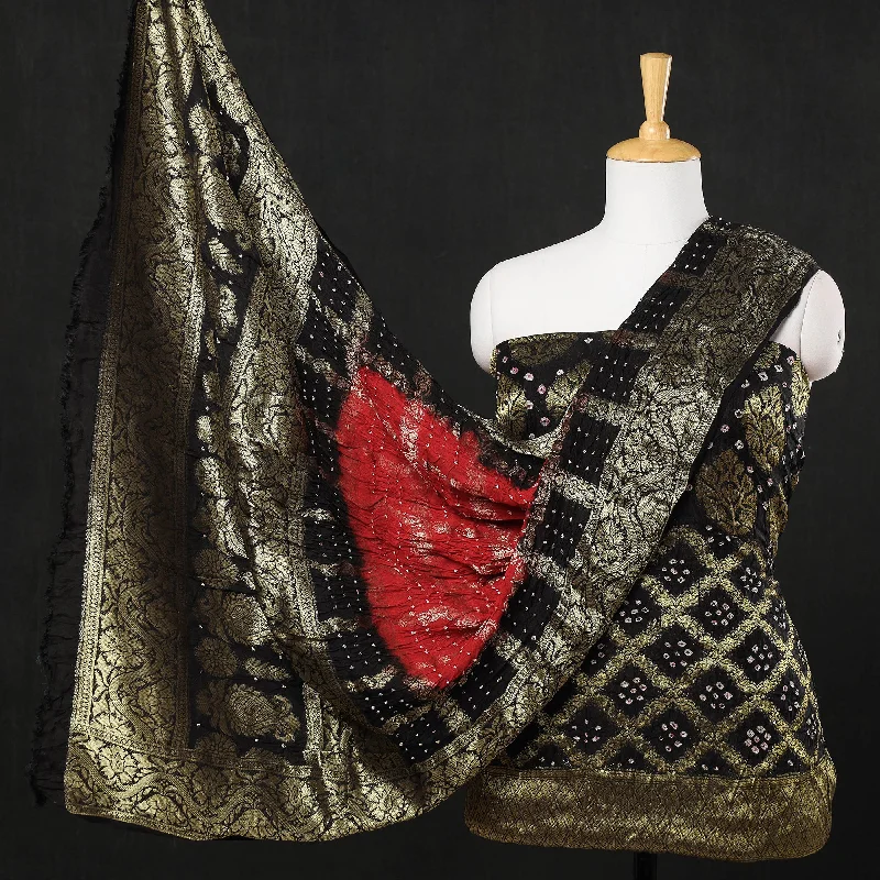 Sale Event Black - 3pc Kutch Bandhani Tie & Dye Jacquard Silk Heavy Zari Work Suit Material Set