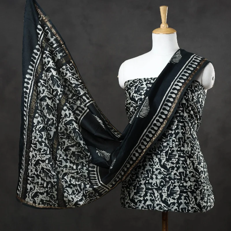 Steals and Deals Green - 3pc Chanderi Silk Hand Batik Print Dress Material