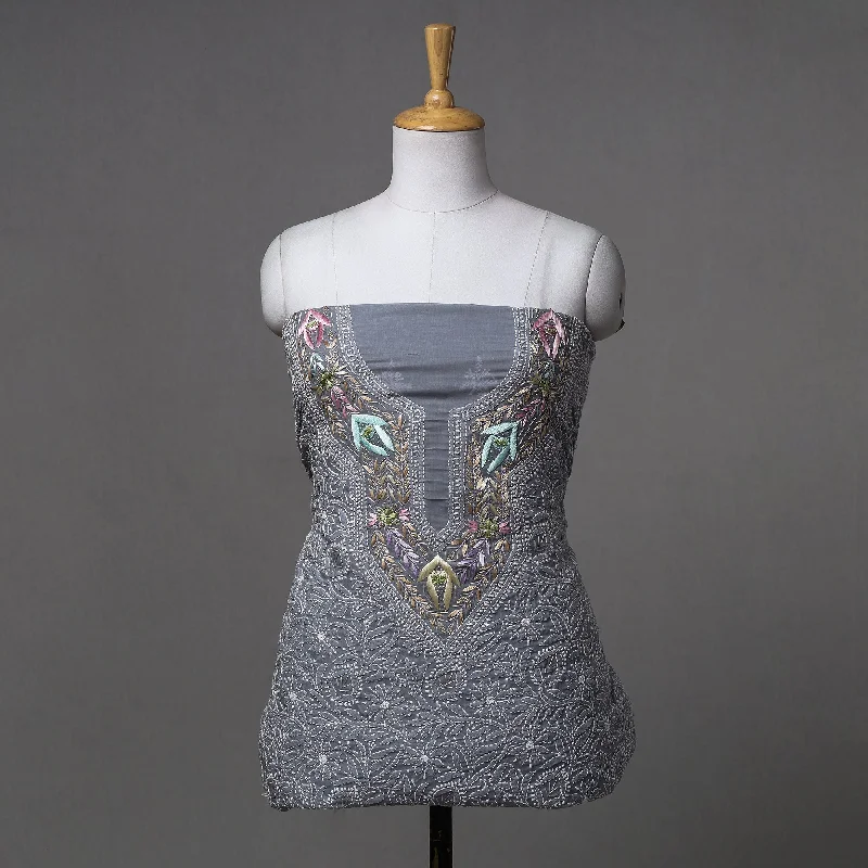 Extra Discounts Grey - Lucknow Chikankari with Parsi Style Embroidered Cotton Kurta Material - 2.95 Meter