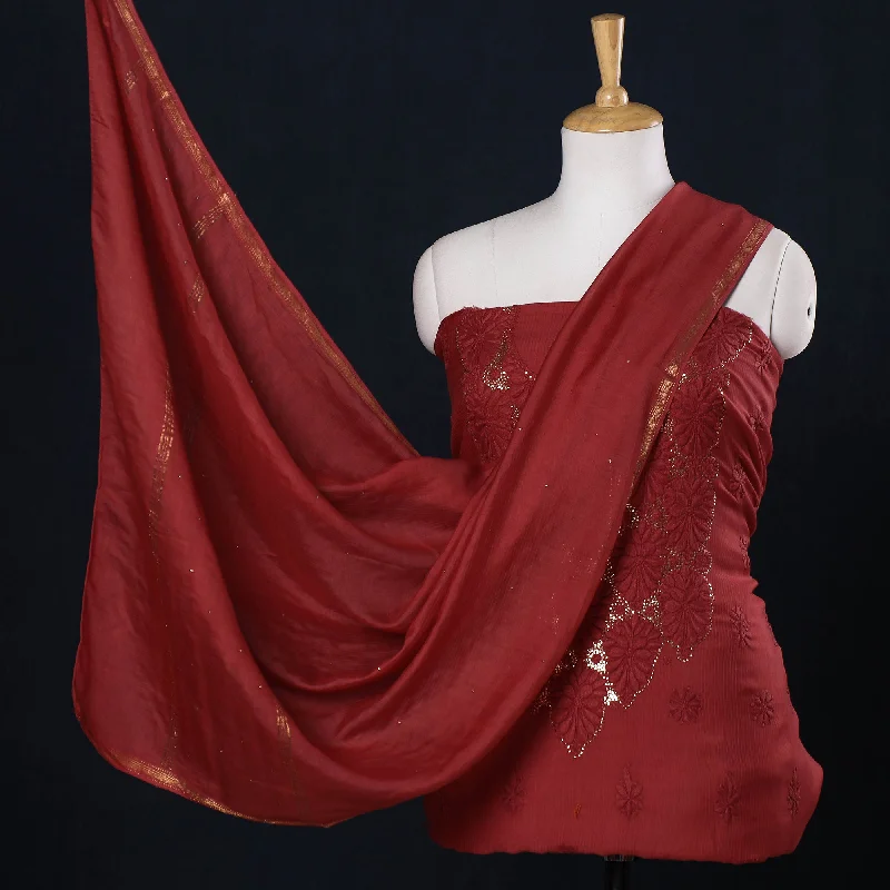 Weekend Deal Maroon - 2pc Hand Embroidery Chanderi Silk Chikankari Dress Material