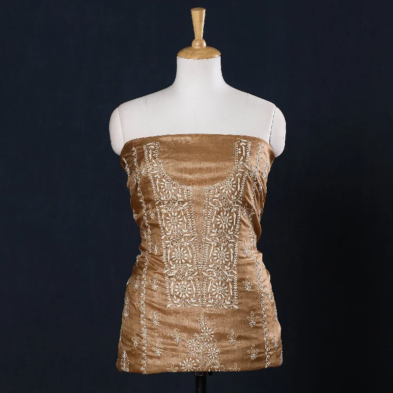 Friends and Family Sale Brown - Lucknow Chikankari Mukaish Hand Embroidery Tussar Silk Handloom Kurta Material - 2.9 Meter Friends and Family Sale Brown - Lucknow Chikankari Mukaish Hand Embroidery Tussar Silk Handloom Kurta Material - 2.9 Meter