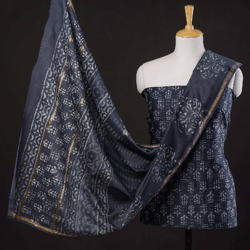 Final Markdown Grey - 3pc Dabu Block Printing Chanderi Silk Suit Material Set