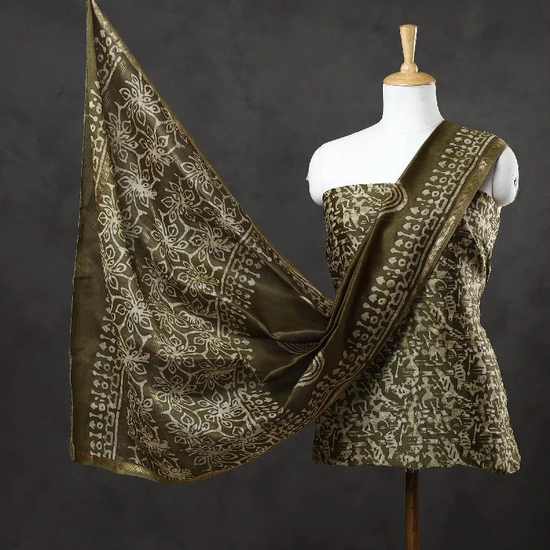 Savings Event Green - 3pc Chanderi Silk Hand Batik Print Dress Material