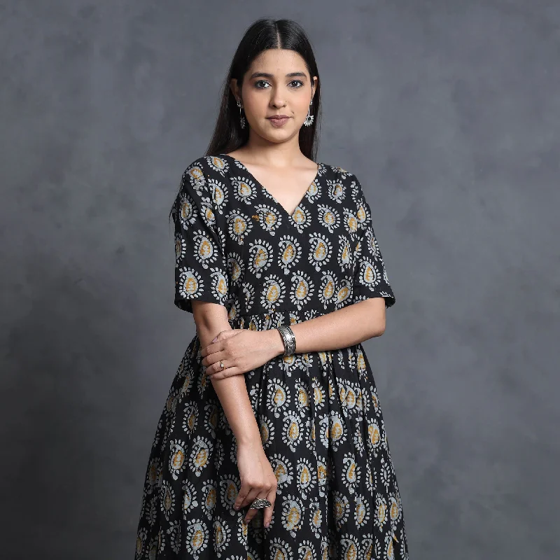 Mega Sale Black - Hand Batik Printed Cotton Flared Gher Dress