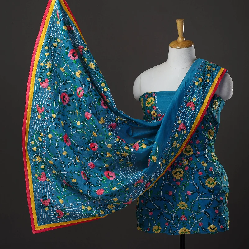 Today’s Deal Blue - 3pc Hand Embroidery Chanderi Silk Phulkari Dress Material 58