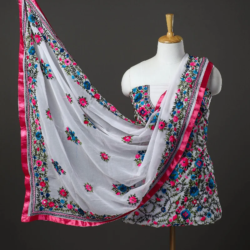 Price Meltdown White - 3pc Hand Embroidery Georgette Phulkari Dress Material 62