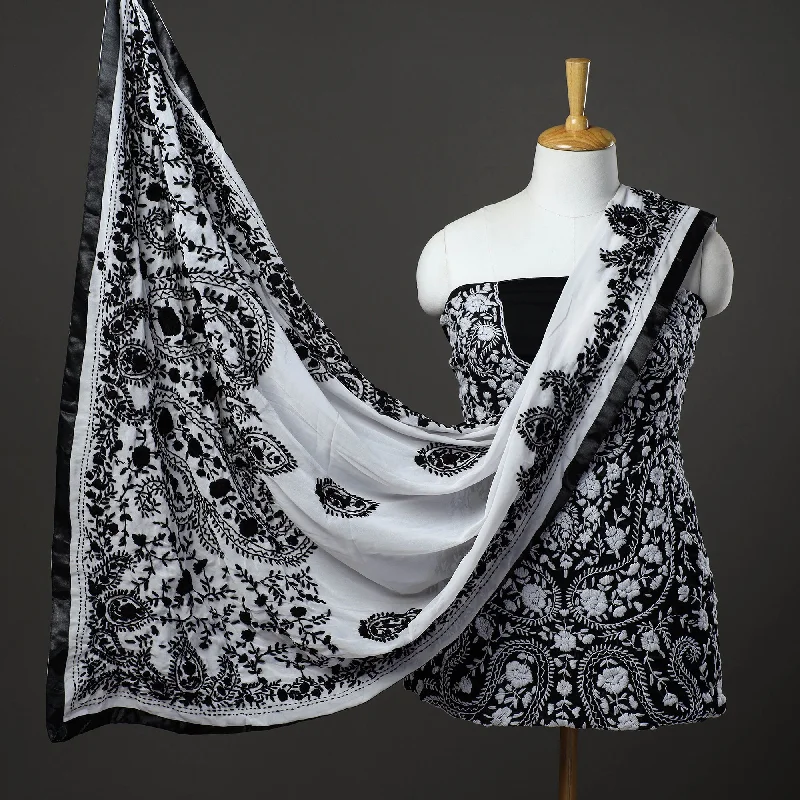 Seasonal Sale Black - 3pc Hand Embroidery Georgette Phulkari Dress Material 07