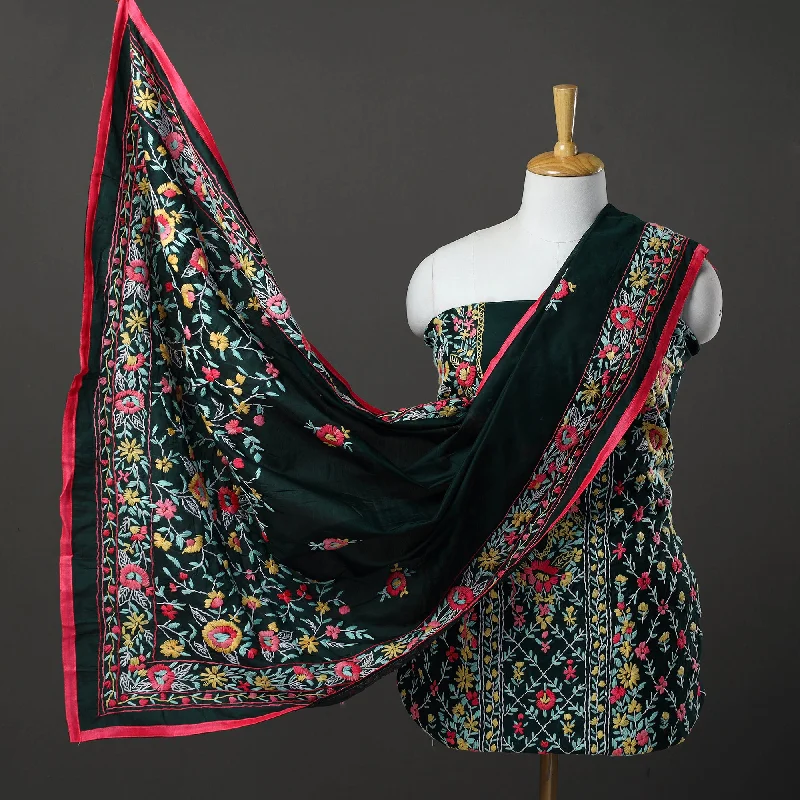 Online Only Black - 3pc Hand Embroidery Chanderi Silk Phulkari Dress Material 105