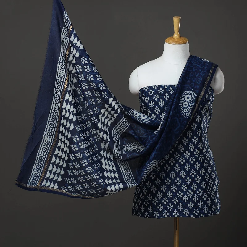 Early Bird Discount Blue - 3pc Chanderi Silk Bagru Print Dress Material 03