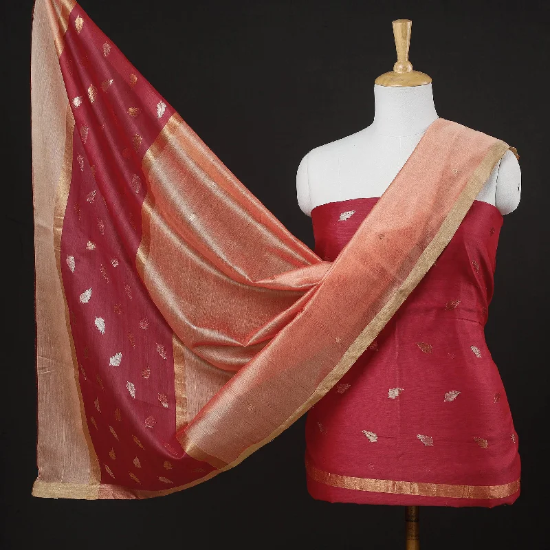 One-DAY Sale Red - 2pc Handloom Chanderi Silk Zari Buti Suit Material Set