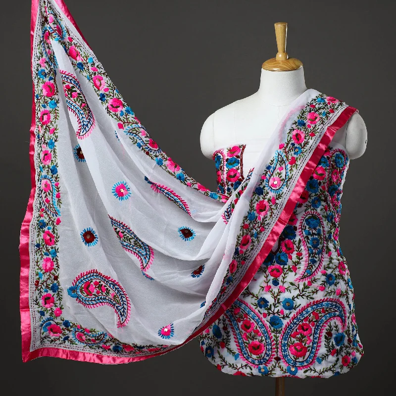 Final Markdown White - 3pc Hand Embroidery Georgette Phulkari Dress Material 24