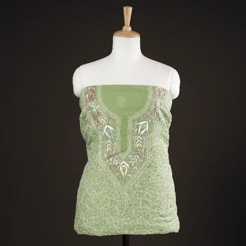 Savings Event Green - Lucknow Chikankari with Parsi Style Embroidered Cotton Kurta Material - 2.8 Meter