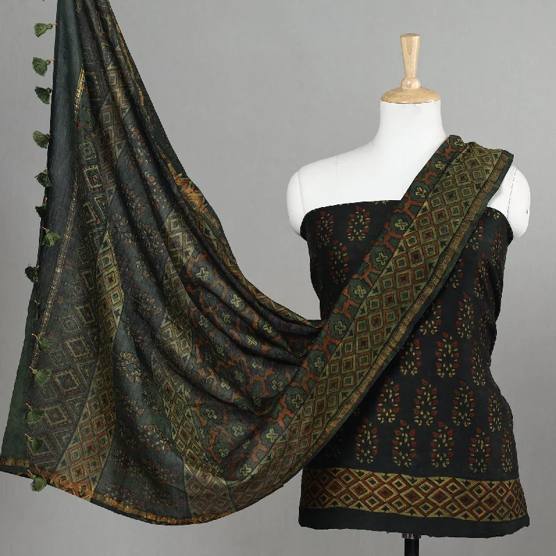 Deal Zone Green - 2pc Ajrakh Block Printed Chanderi Silk Suit Material Set