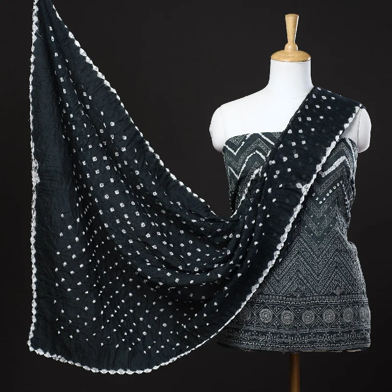 Sale Event Black - 3pc Kutch Bandhani Tie-Dye Satin Cotton Suit Material Set