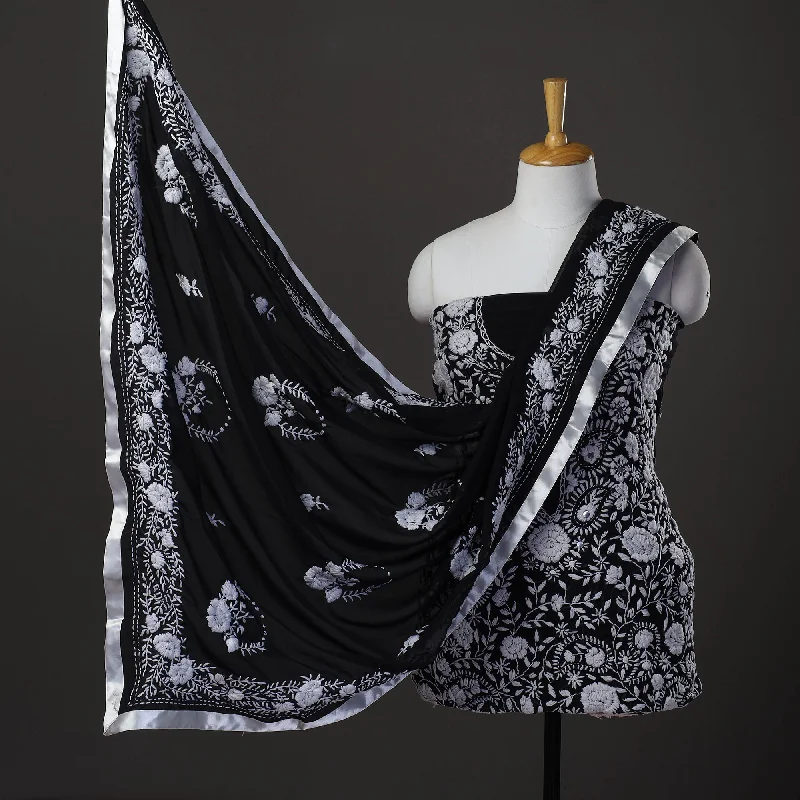 Special Discount Black - 3pc Hand Embroidery Georgette Phulkari Dress Material 20