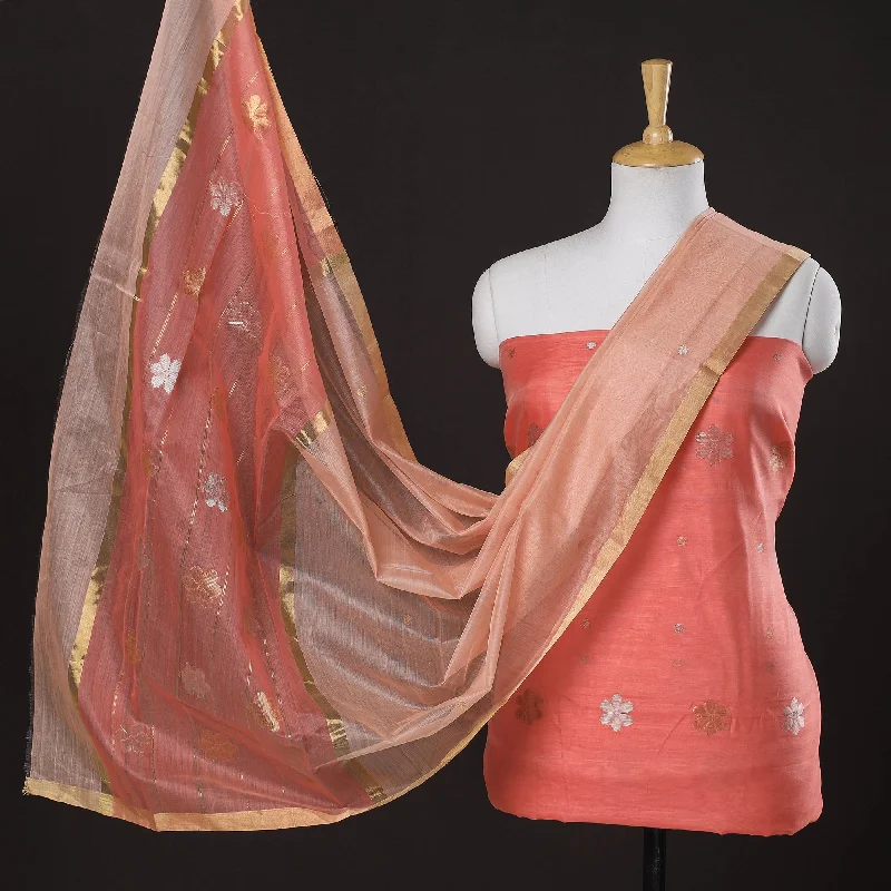 Instant Discount Orange - 2pc Chanderi Silk Handloom Flower Zari Buta Suit Material Set