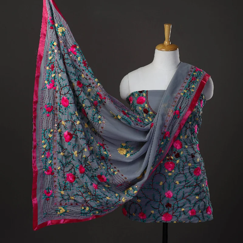 Buy Now Grey - 3pc Hand Embroidery Georgette Phulkari Dress Material 26