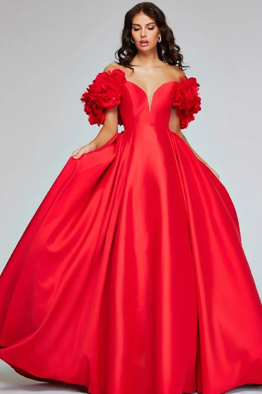 Factory Direct Sale Jovani 40794 Long Ball Gown Floral Puff Sleeves Prom Dress