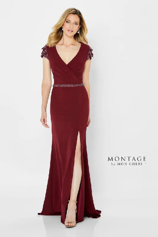Overstock Sale Montage 122902 Long Slit Ruched Beaded Belt Formal Dress