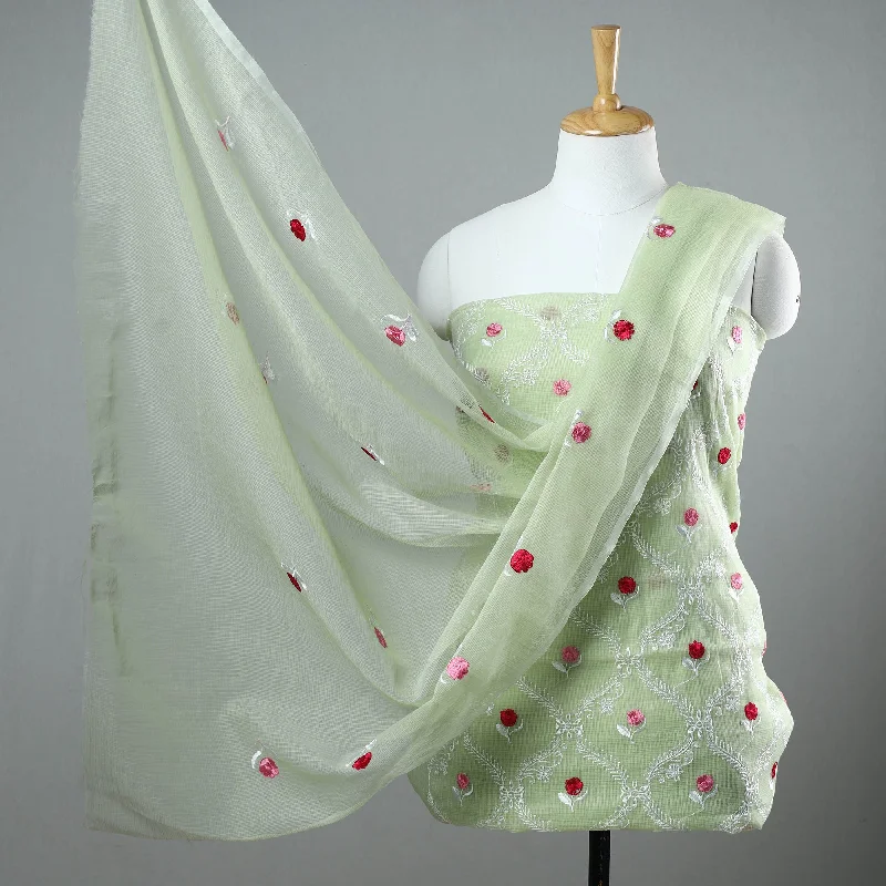 Unmissable Offer Green - 3pc Cotton Embroidered Kota Doria Dress Material 03