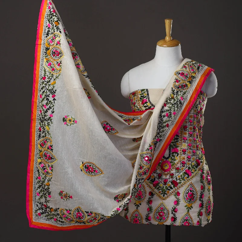 Low Prices White - 3pc Hand Embroidery Chanderi Silk Phulkari Dress Material 64