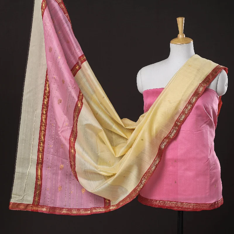 Deep Discounts Pink - 3pc Chanderi Silk Handloom Nakshi Zari Suit Material Set