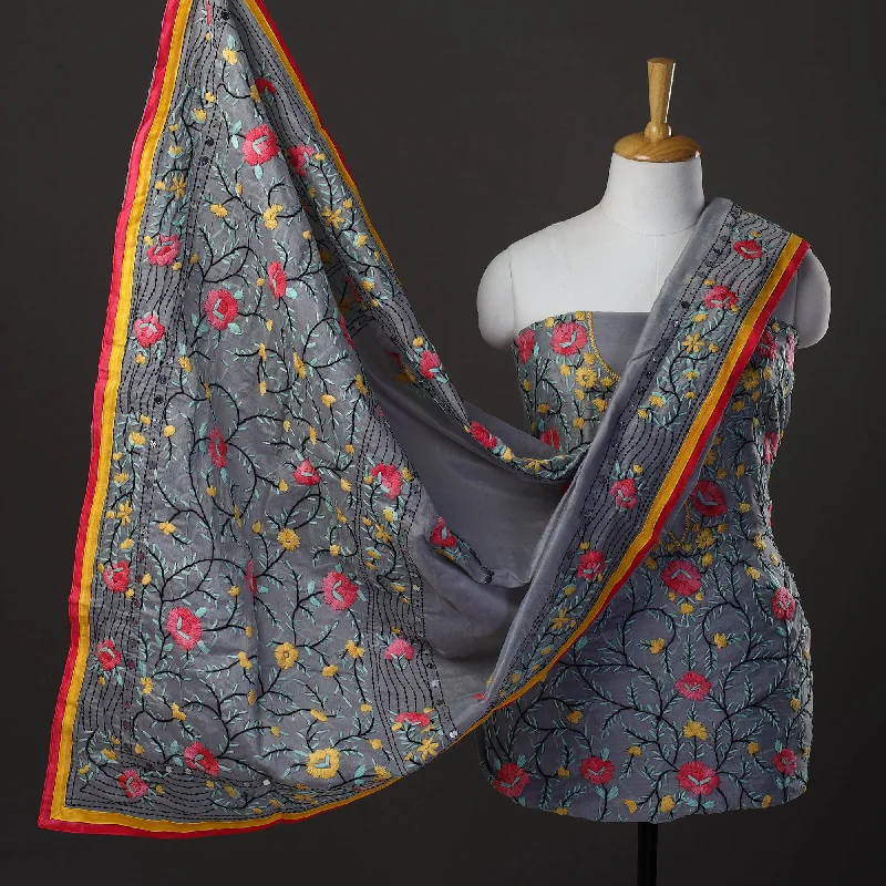 Great Bargains Grey - 3pc Hand Embroidery Chanderi Silk Phulkari Dress Material 56