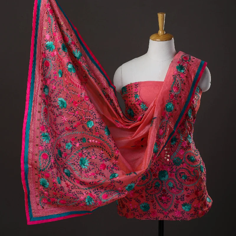 Big Discounts Pink - 3pc Hand Embroidery Chanderi Silk Phulkari Dress Material 53