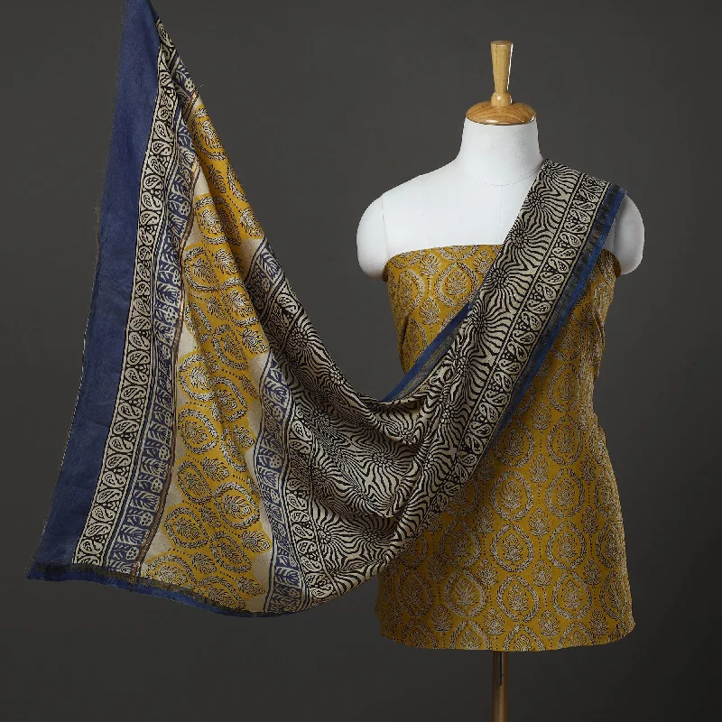 Anniversary Sale Yellow - 3pc Chanderi Silk Bagru Print Dress Material 04