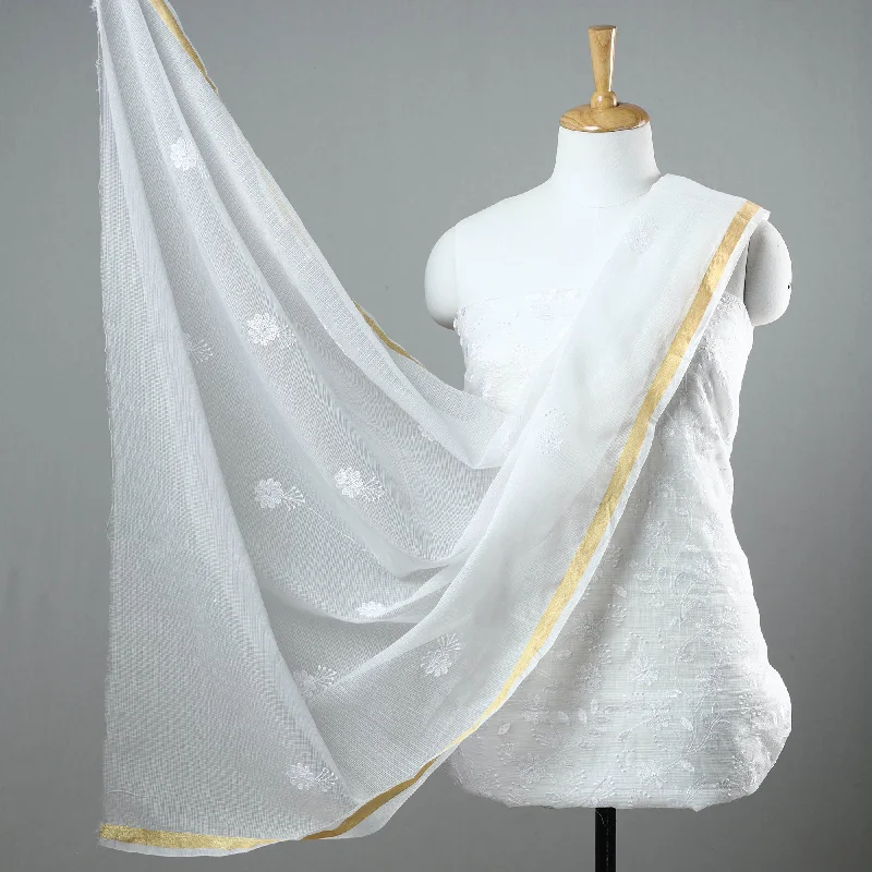 Fantastic Offers White - 3pc Cotton Embroidered Kota Doria Dress Material 08
