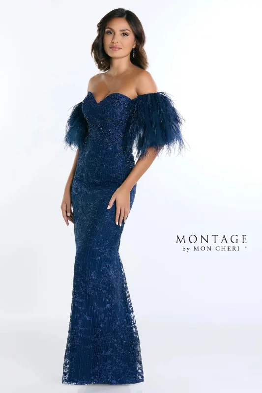 Midnight Madness Montage M525 Fitted Long Formal Detachable Feather Sleeves Evening Dress