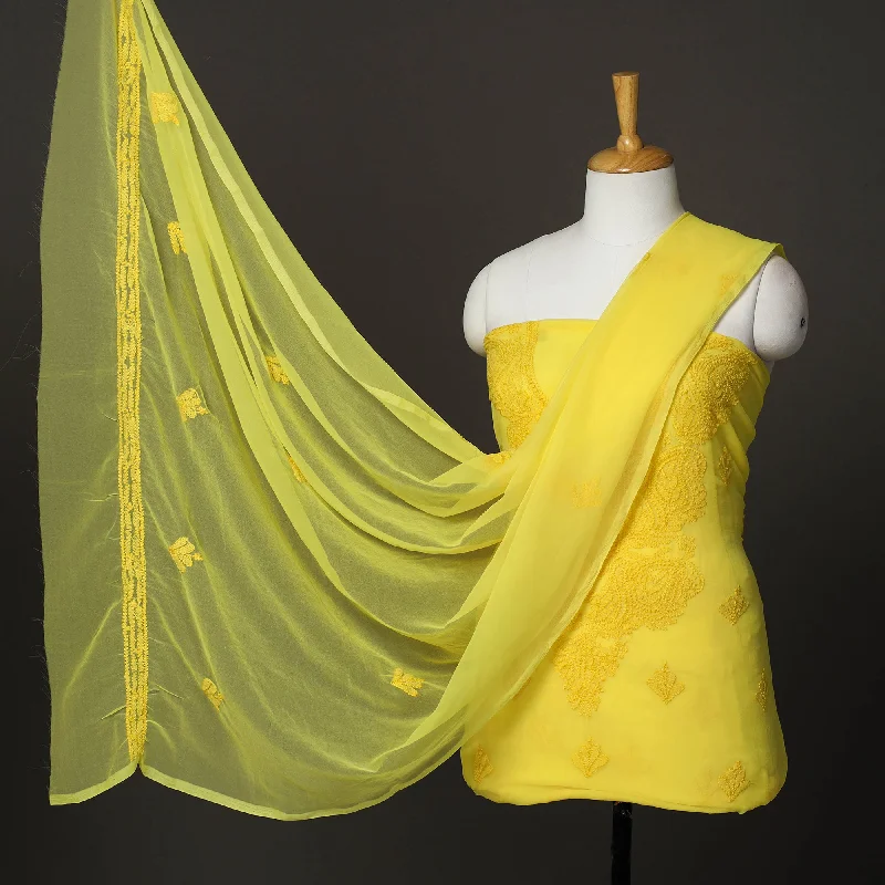 Year-End Clearance Yellow - 3pc Embroidery Georgette Chikankari Dress Material 09