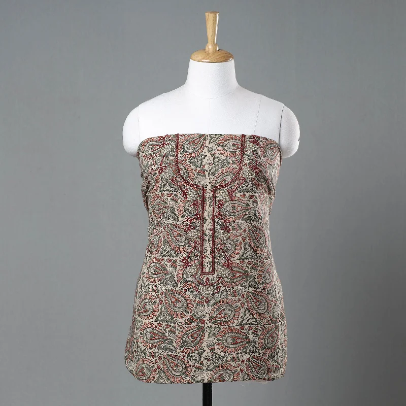 Grand Opening Sale Multicolor - Kalamkari Block Printed Kundan & Bead Work Hand Embroidery Cotton Kurta Material - 2.7 Meter