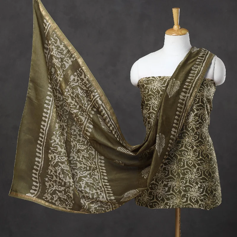 New Deals Green - 3pc Chanderi Silk Hand Batik Print Dress Material 26