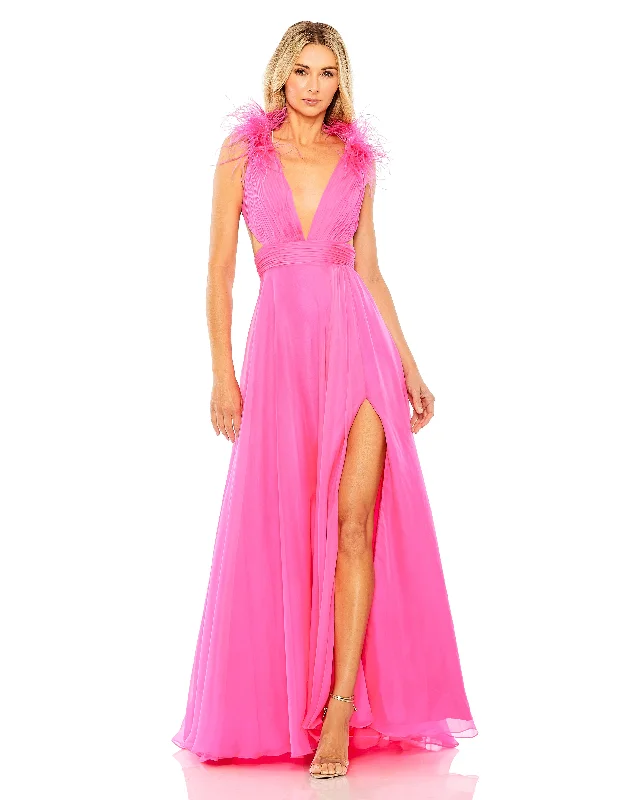 Price Blitz Mac Duggal 68680 Long A Line Formal Feathered Slit Prom Dress