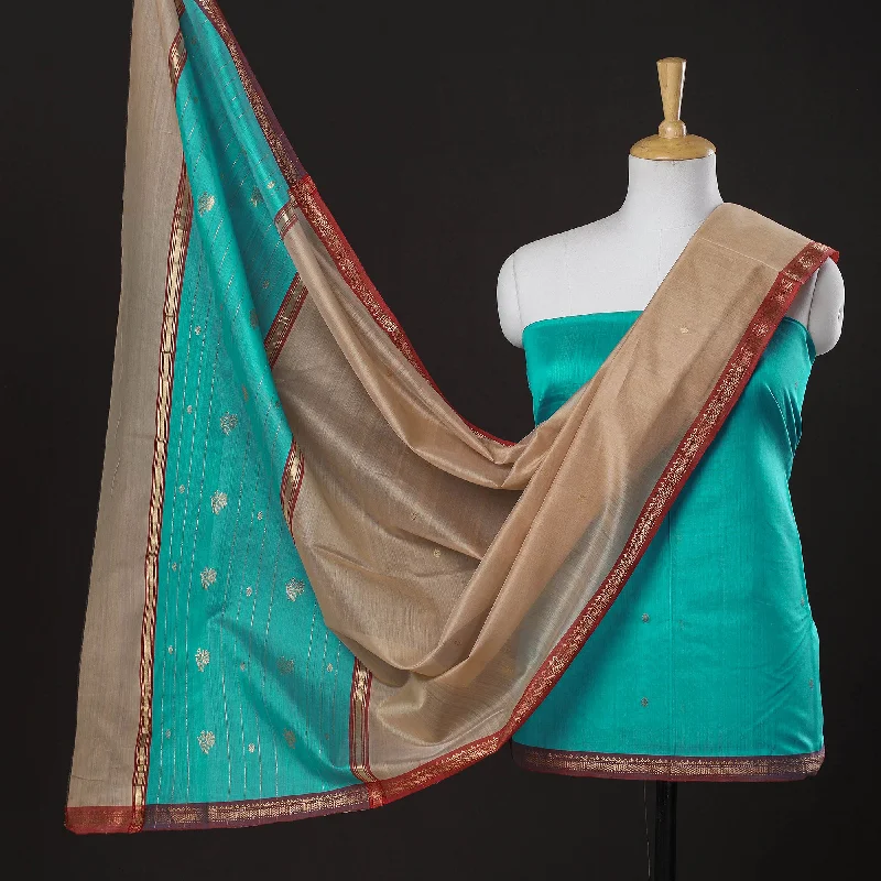 Final Sale Green - 3pc Chanderi Silk Handloom Nakshi Zari Suit Material Set