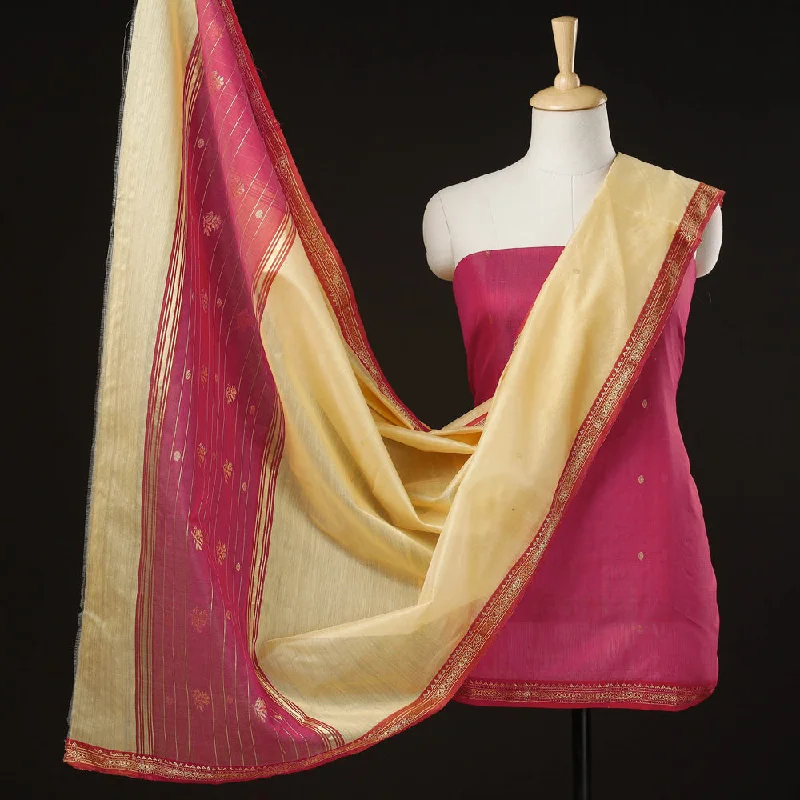 Blowout Sale Pink - 3pc Chanderi Silk Handloom Zari Buti Suit Material Set with Nakshi Zari Border