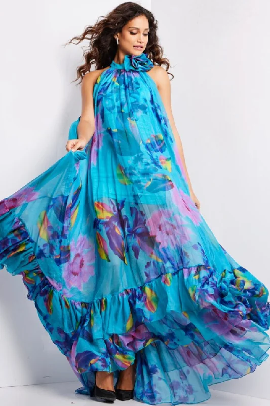 Huge Discounts Jovani 38721 Long Printed A Line Ruffle Formal Prom Dress