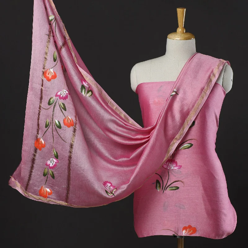 Massive Deals Pink - 3pc Hand Painted Chanderi Silk Suit Material Set 08