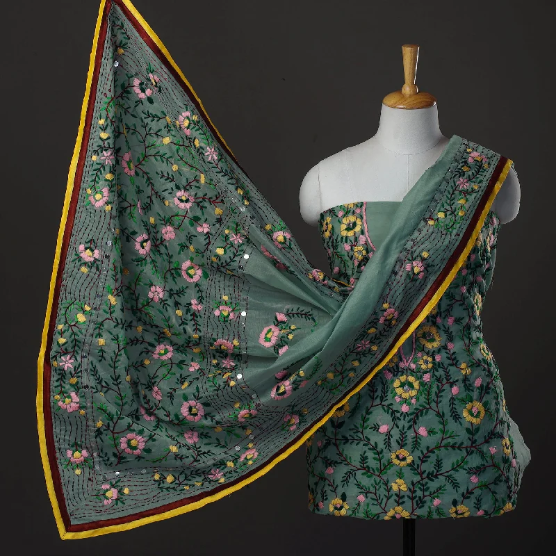 Sale Event Green - 3pc Hand Embroidery Chanderi Silk Phulkari Dress Material 40