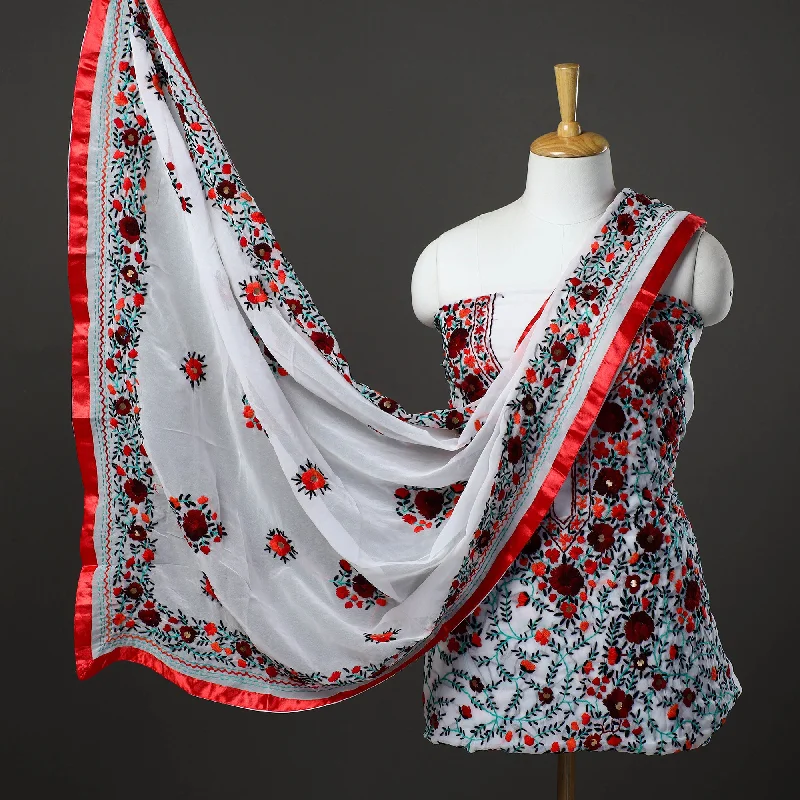 New Markdowns White - 3pc Hand Embroidery Georgette Phulkari Dress Material 19