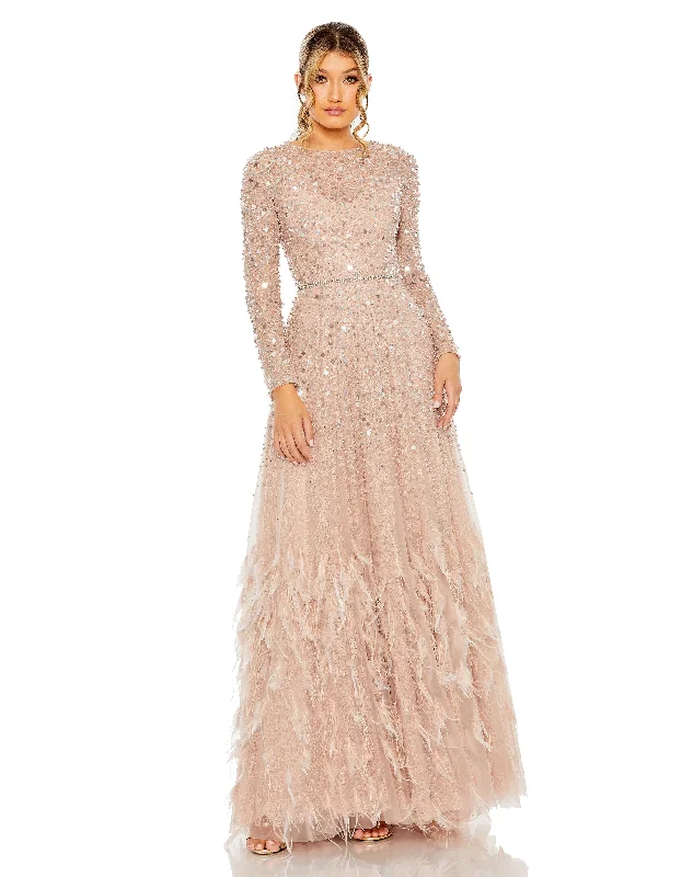 Year-End Clearance Mac Duggal 11782 Long Sleeve Formal Beaded Fringe Evening Gown