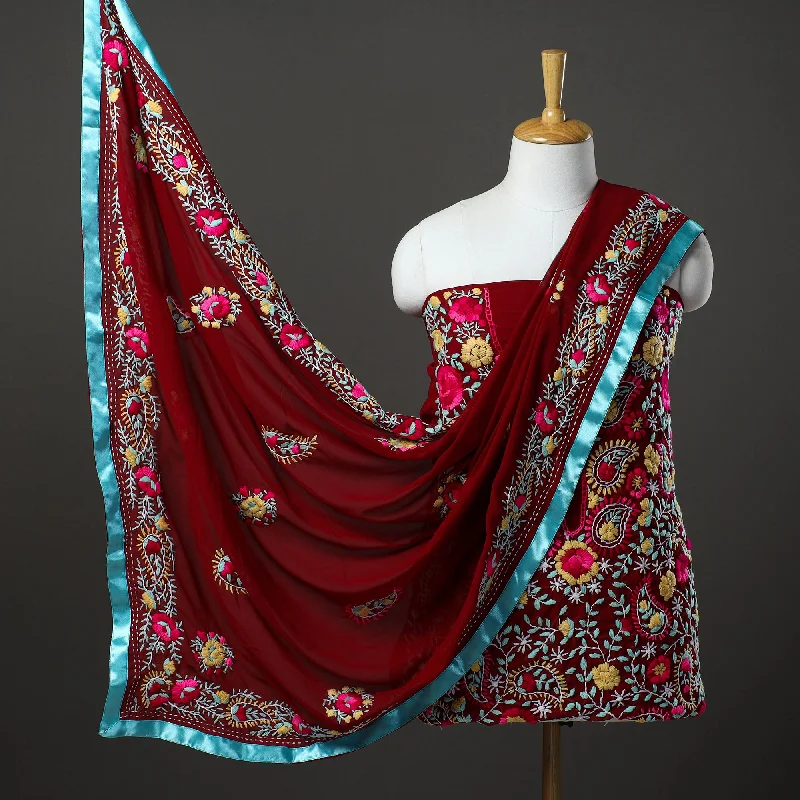 Fantastic Deals Maroon - 3pc Hand Embroidery Georgette Phulkari Dress Material 34