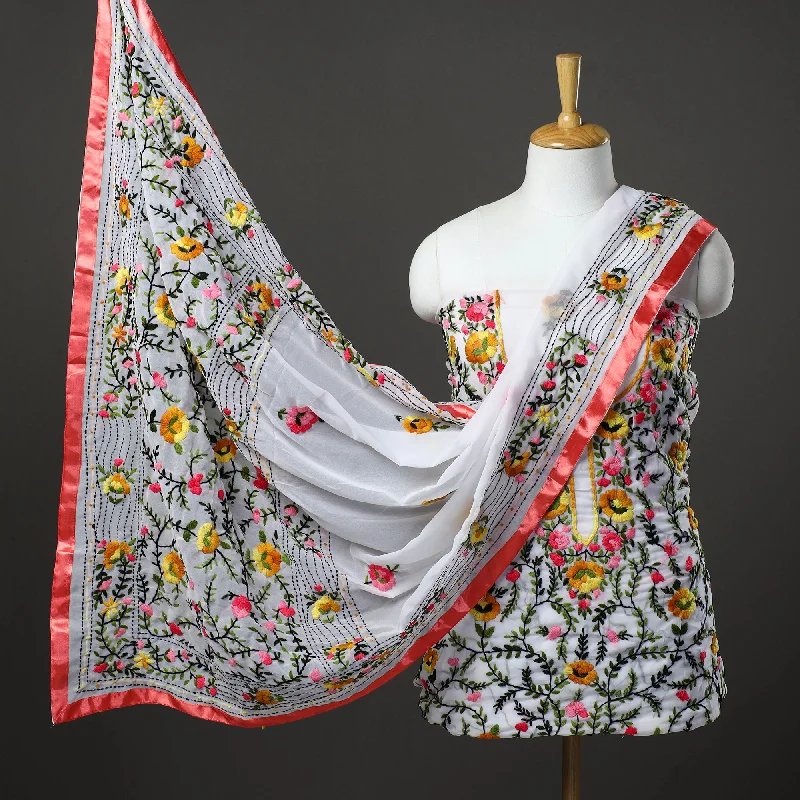 Limited Availability White - 3pc Hand Embroidery Georgette Phulkari Dress Material 23