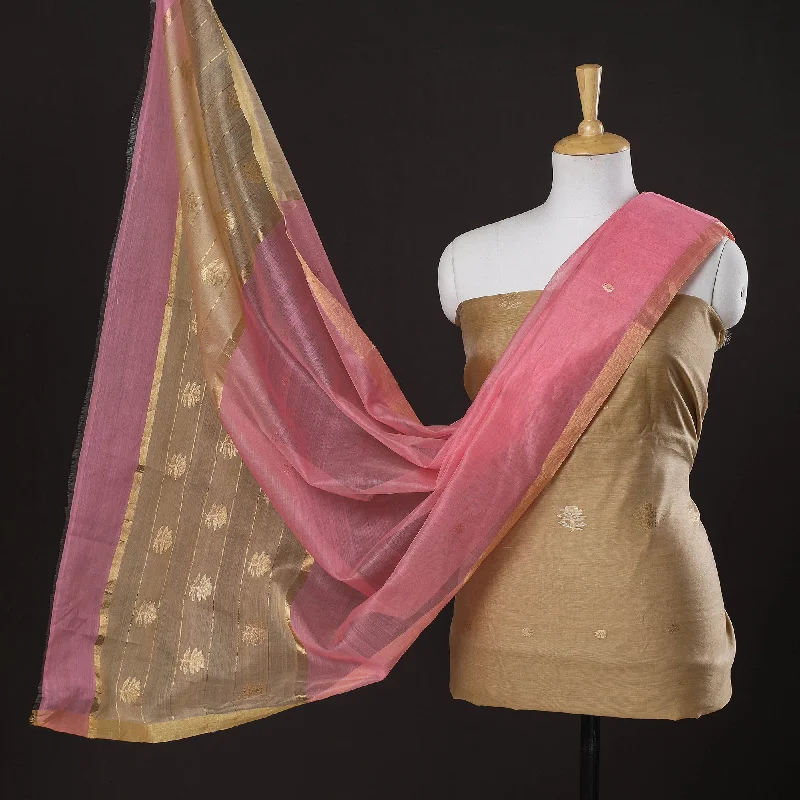 One-DAY Sale Brown - 2pc Chanderi Silk Handloom Flower Zari Buta Suit Material Set
