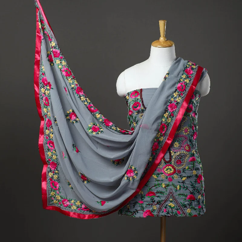Exclusive Savings Grey - 3pc Hand Embroidery Georgette Phulkari Dress Material 27