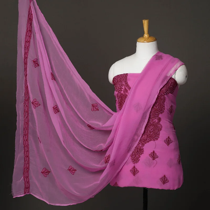 New Markdowns Pink - 3pc Embroidery Georgette Chikankari Dress Material 18