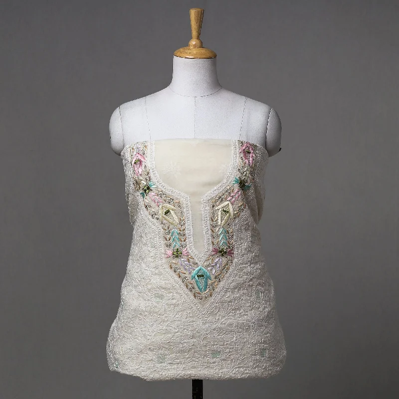 Stock Clearance Beige - Lucknow Chikankari with Parsi Style Embroidered Cotton Kurta Material - 2.9 Meter