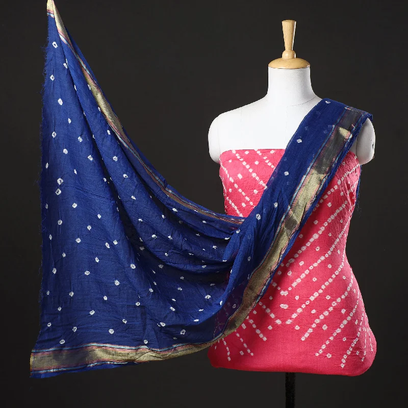 Massive Deals Pink - 3pc Kutch Bandhani Tie-Dye Satin Cotton Suit Material Set