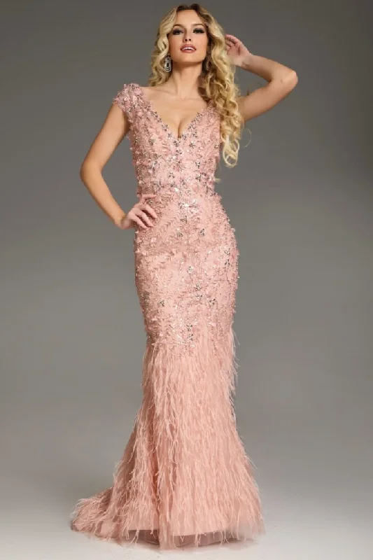 Exclusive Preview Jovani 39174 Long Fitted Formal Evening Feathered Dress